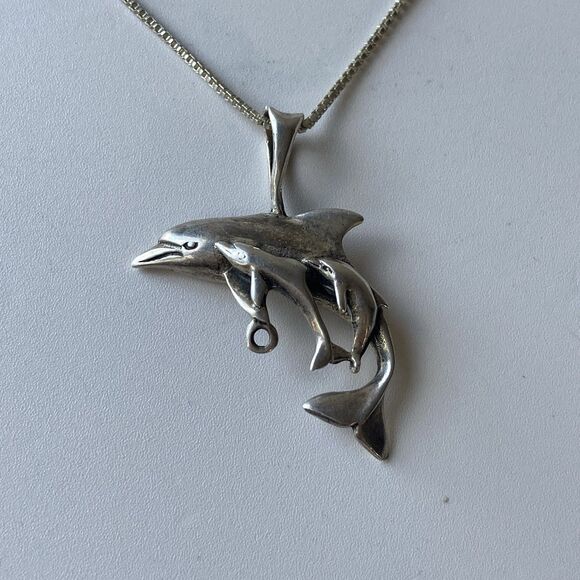 Vintage Sterling Silver 925 Dolphin Mom Baby Family Pendant Necklace 24in Chain - Picture 7 of 14